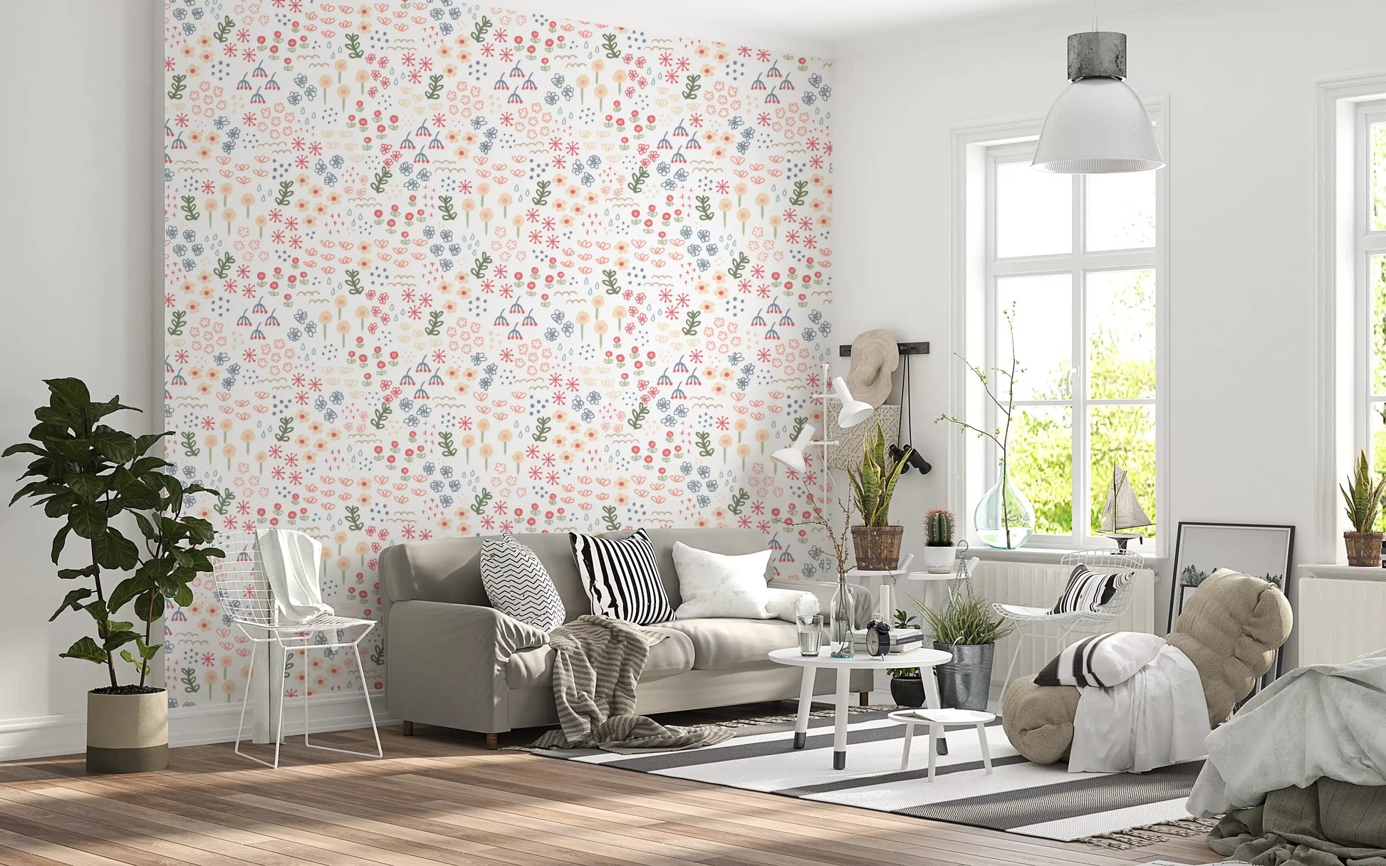 Sage leafy sprigs weave between dusty-blue scribble blooms on the wallpaper