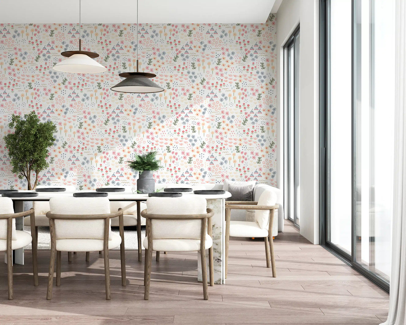 Dining room backed with the doodle Flowers wallpaper in peach tones