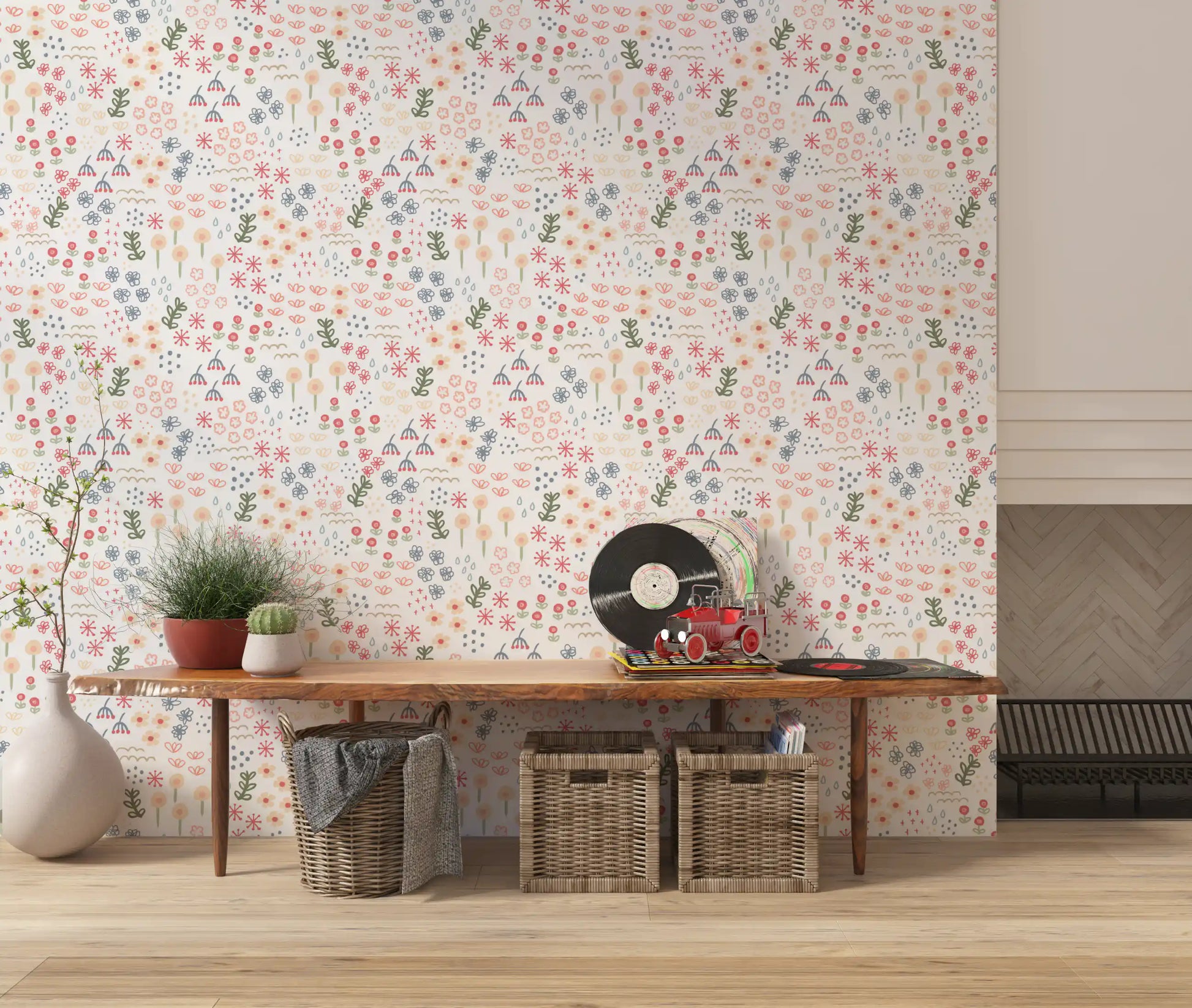 Coral roses and peach daisies dot the English Garden wallpaper repeat
