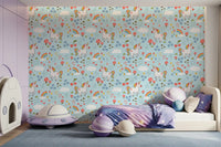 Playful unicorn wallpaper repeating across a bright kids' room setting