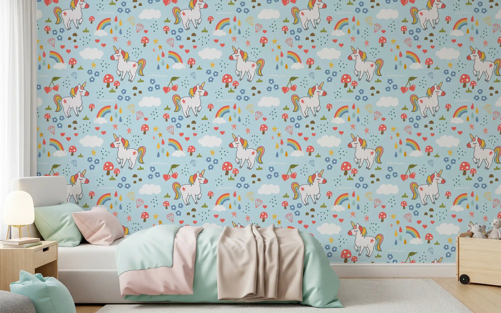 Cartoon unicorns and red mushrooms on the Whimsical Unicorn Dreams wallpaper