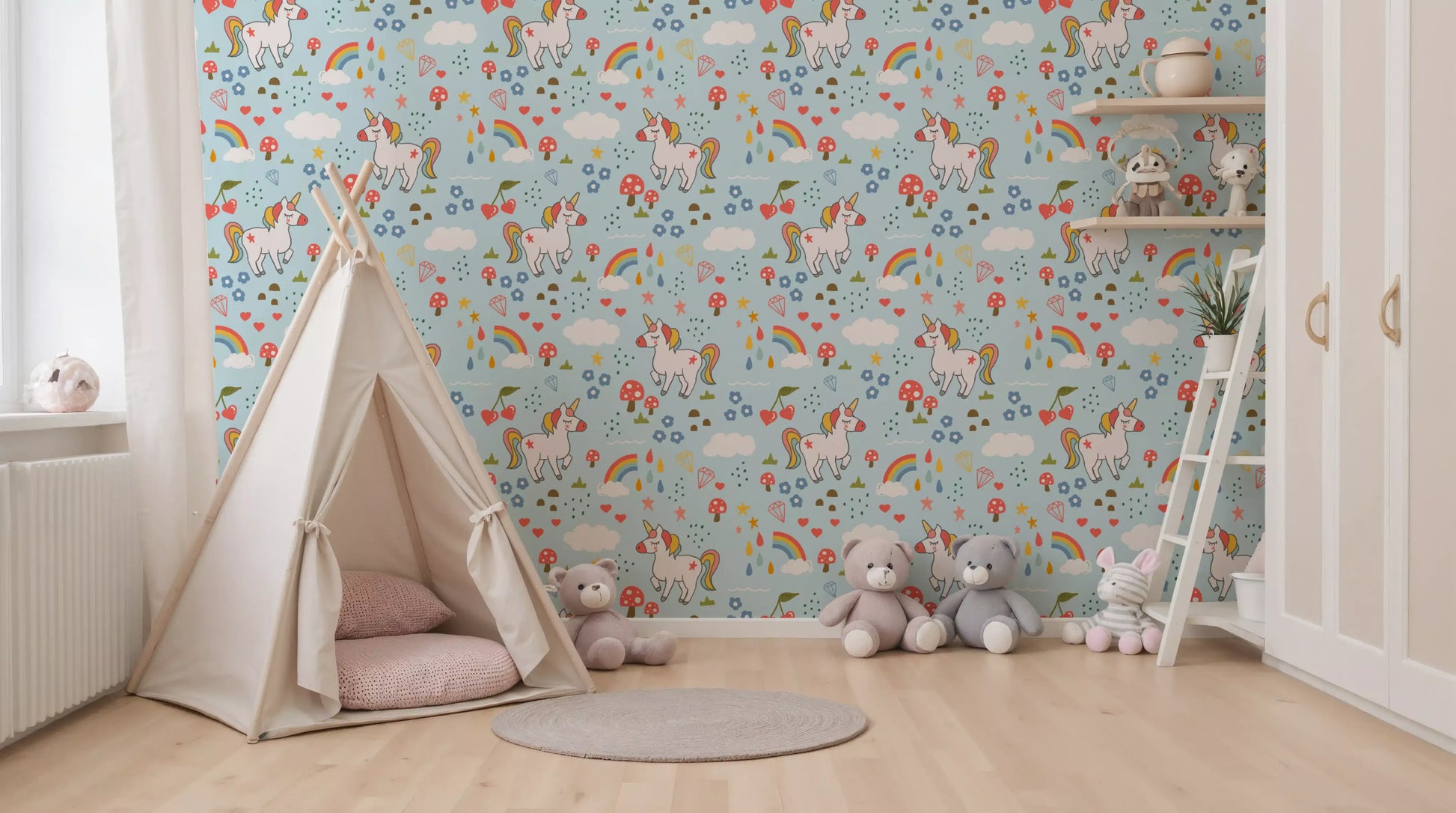 Nursery featuring the unicorn and cloud pattern of this cheerful wallpaper