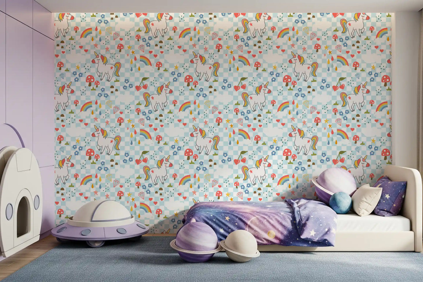 Kids' bedroom showing the unicorn wallpaper beside a canopy bed