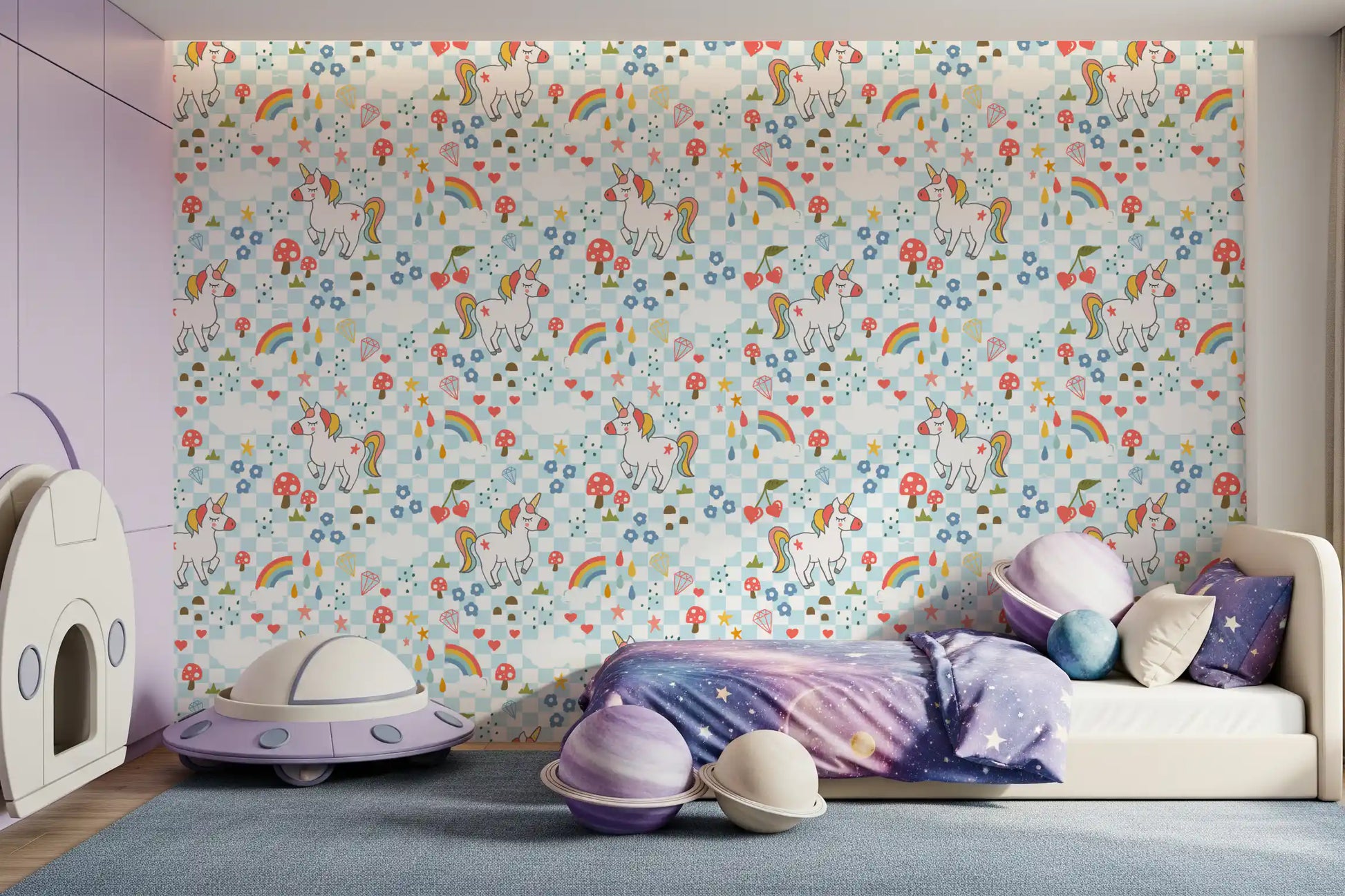 Kids' bedroom showing the unicorn wallpaper beside a canopy bed