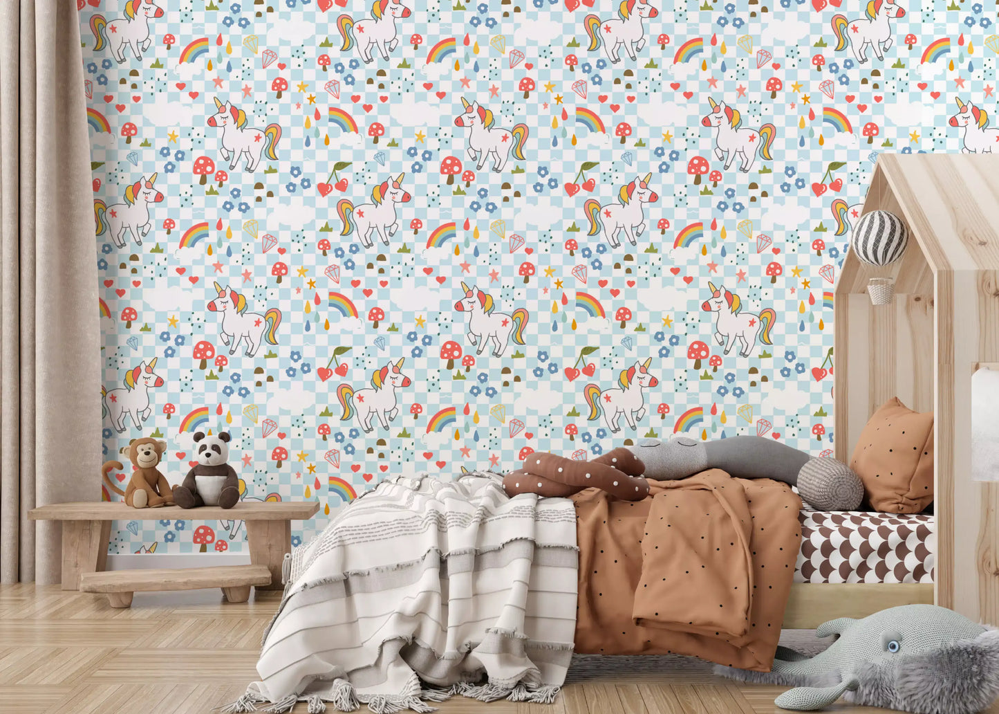 Blue flowers and green hilltops scattered on Checkerboard  wallpaper