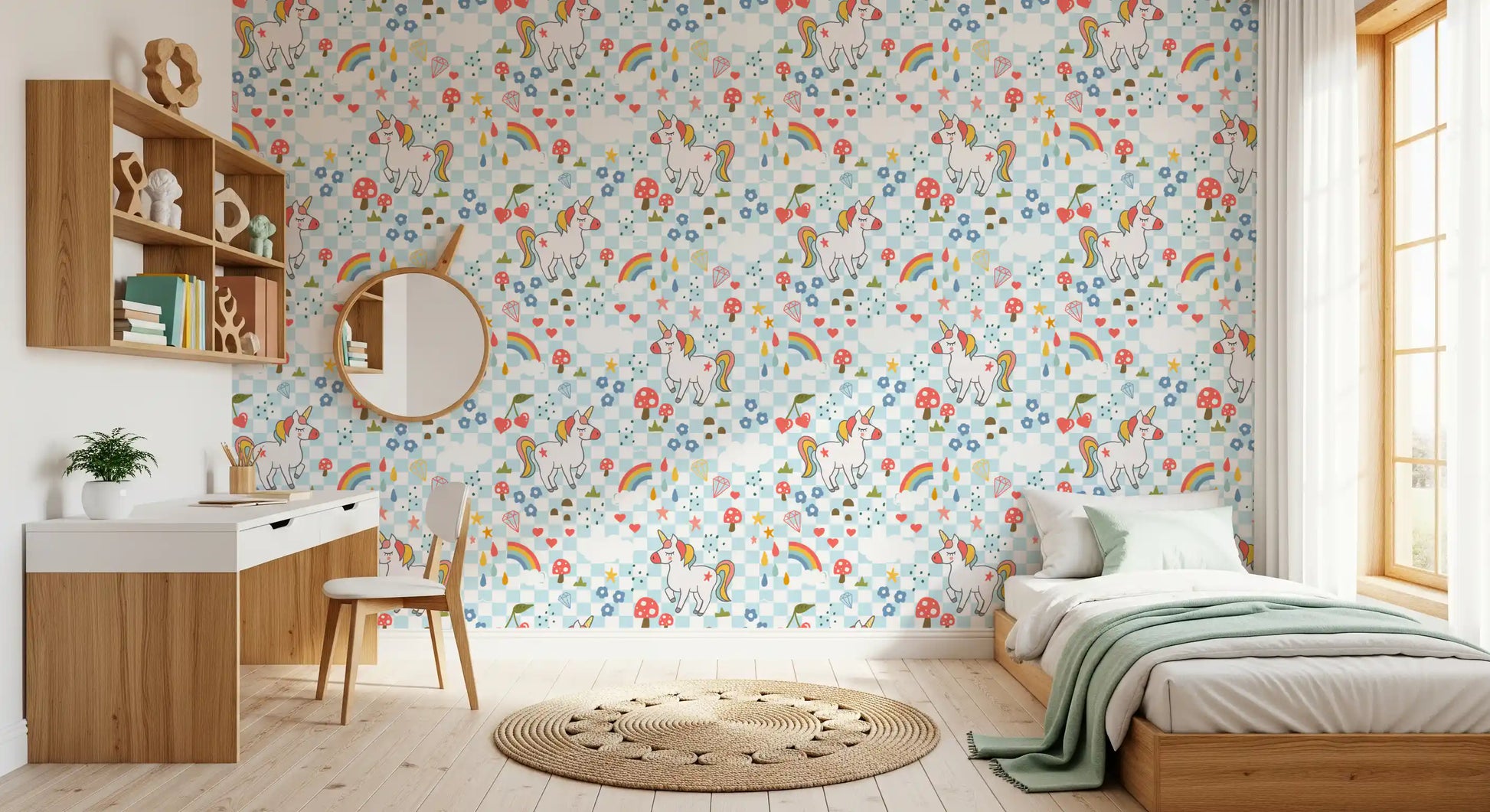 The Unicorn Dreams wallpaper lining a playful children's bedroom