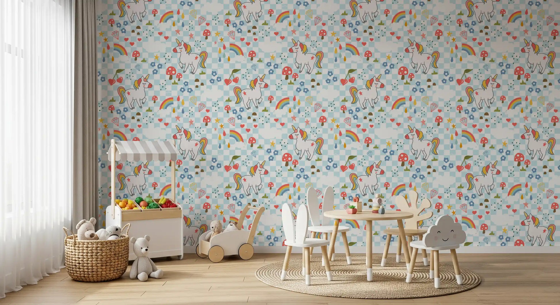 Coral and golden mane unicorn detail on the Dreams wallpaper