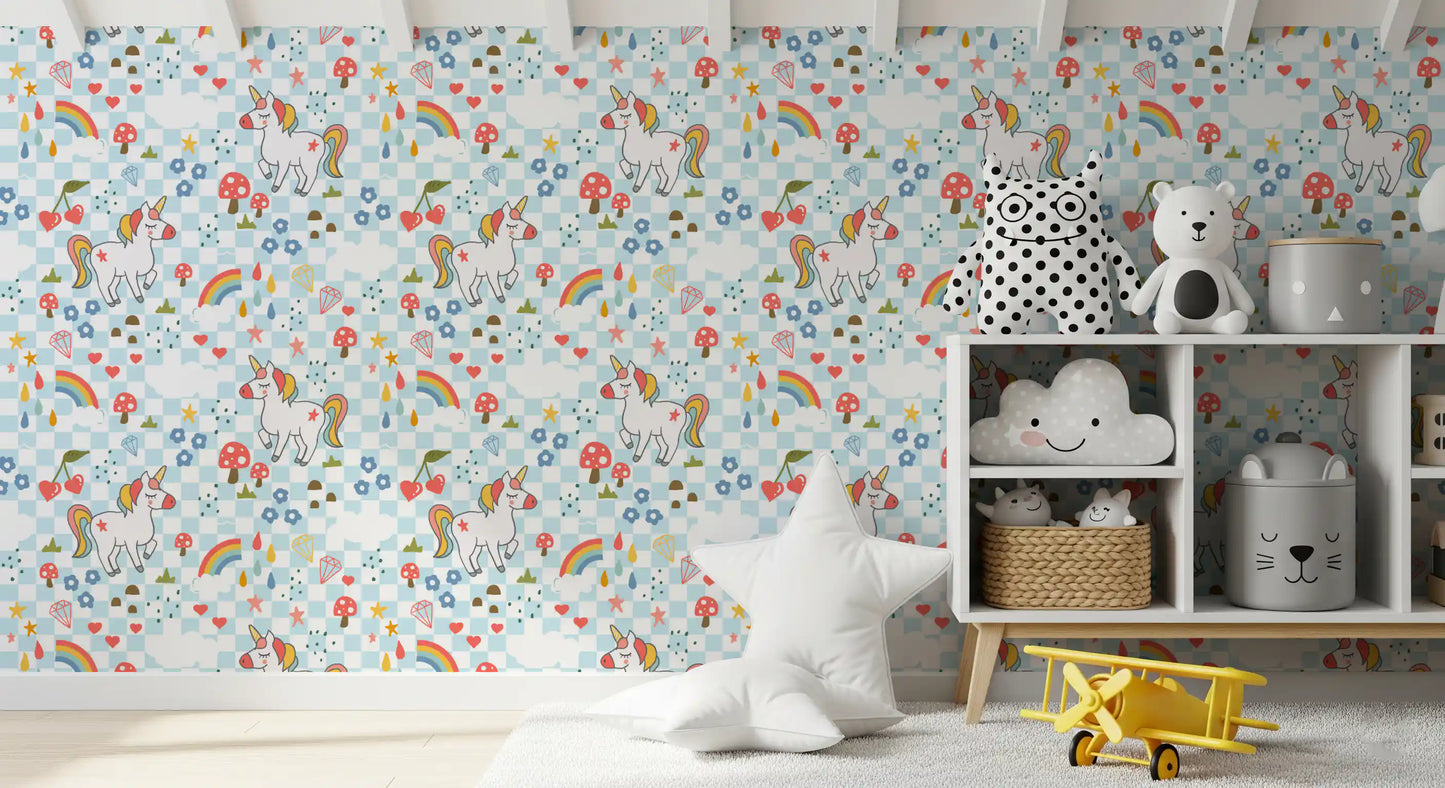 Nursery with the Unicorn Dreams wallpaper paired 