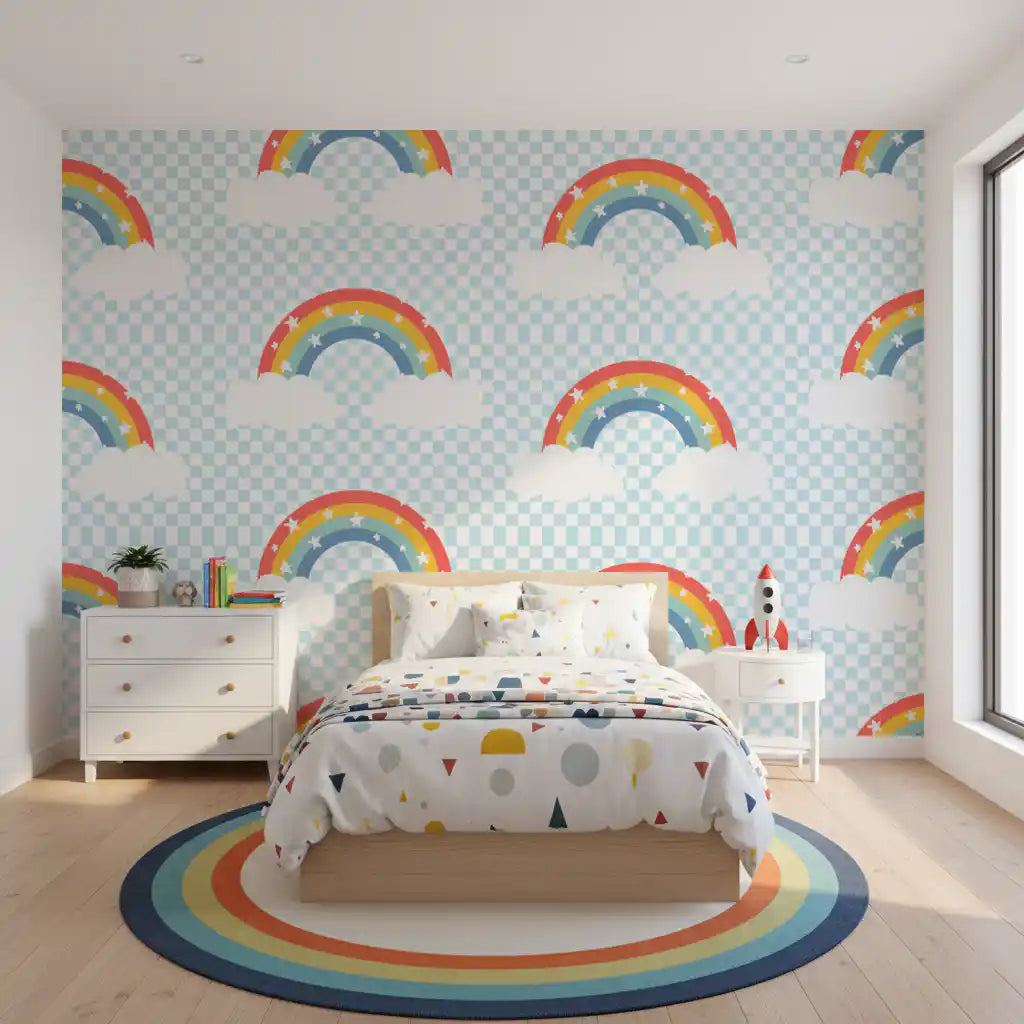 Pale checkered rainbow wallpaper covering a Kids bedroom feature area