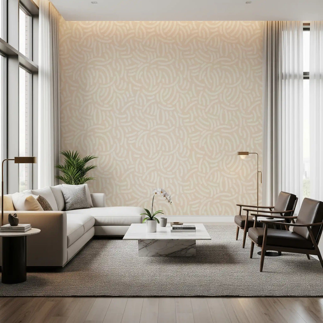 Textured Paint wallpaper with cream arcs behind a modern living room area