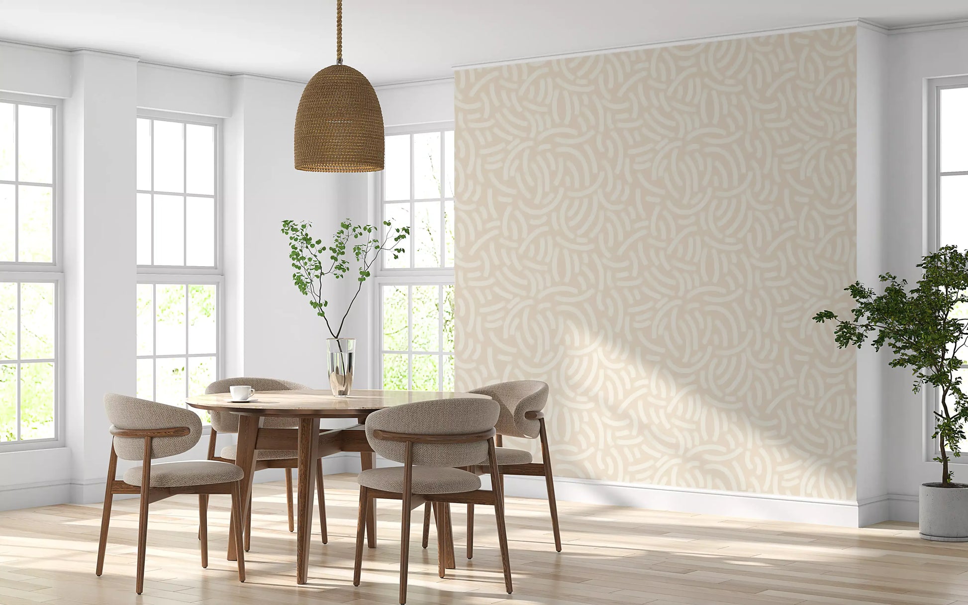 cream strokes on beige Textured Paint wallpaper lining a bright Dining room