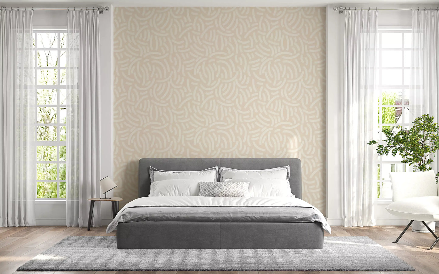 Bedroom styled with tones and Textured Paint wallpaper on the main surface
