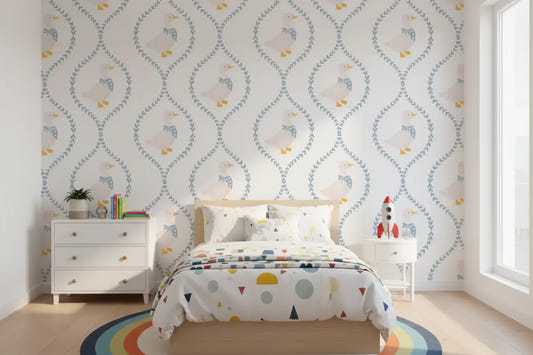 Ducks & Dainty wallpaper covering a kids bedroom in blue and ivory