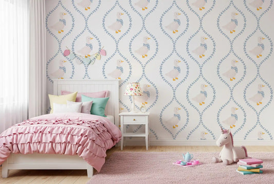 Girl room fitted with the duck and hearts lattice Ducks wallpaper
