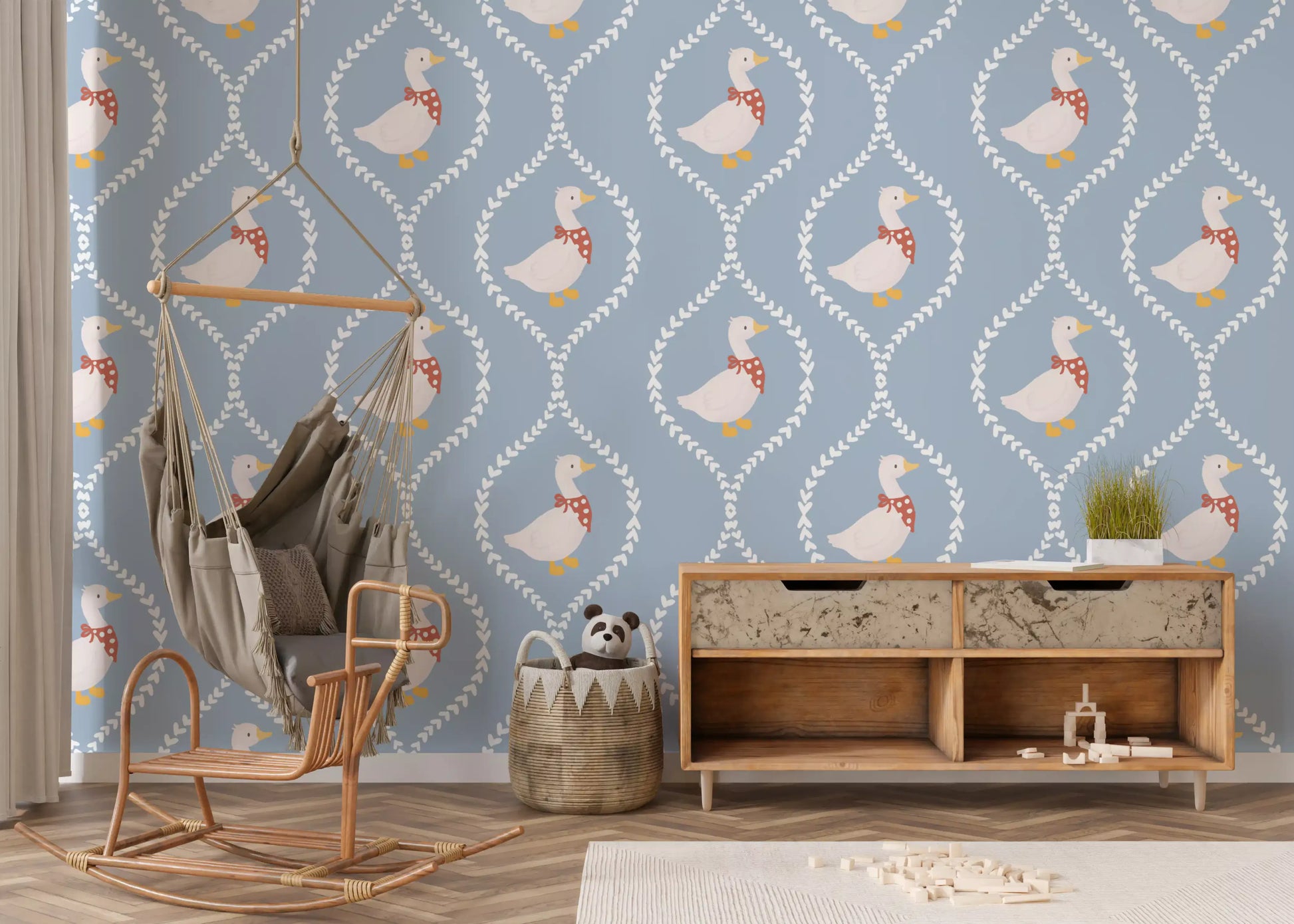 Sweet heart trellises pattern a kids' room when Goose Wallpaper covers the surface.