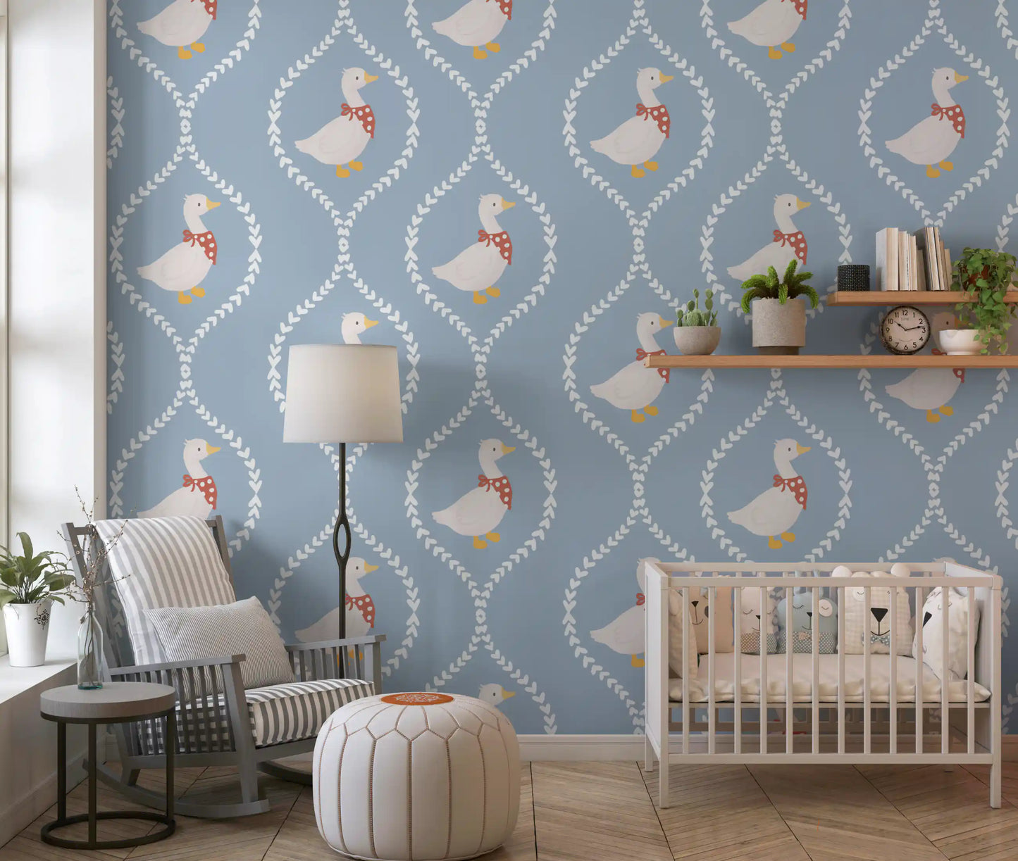 Mirrored pairs of geese sit inside heart shaped diamonds on Goose Wallpaper.