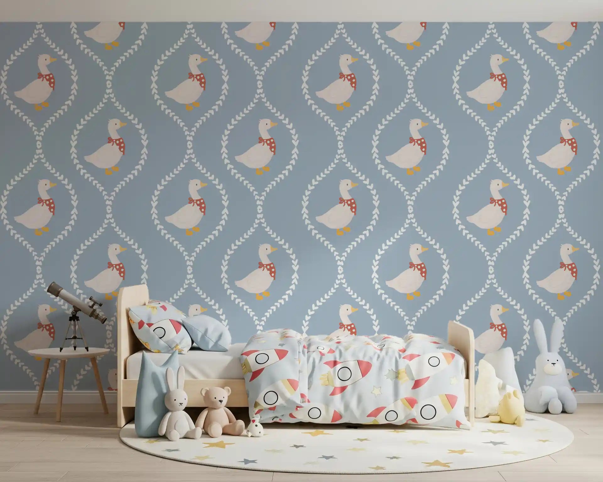 Storybook geese arrange neatly in a Kids room with Nursery Goose Wallpaper installed.