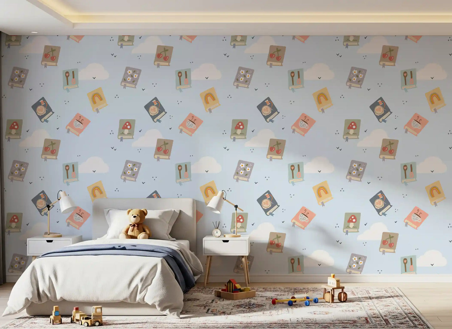 Pastel books with mushroom and cherry covers fill Book Lovers Dreams wallpaper.