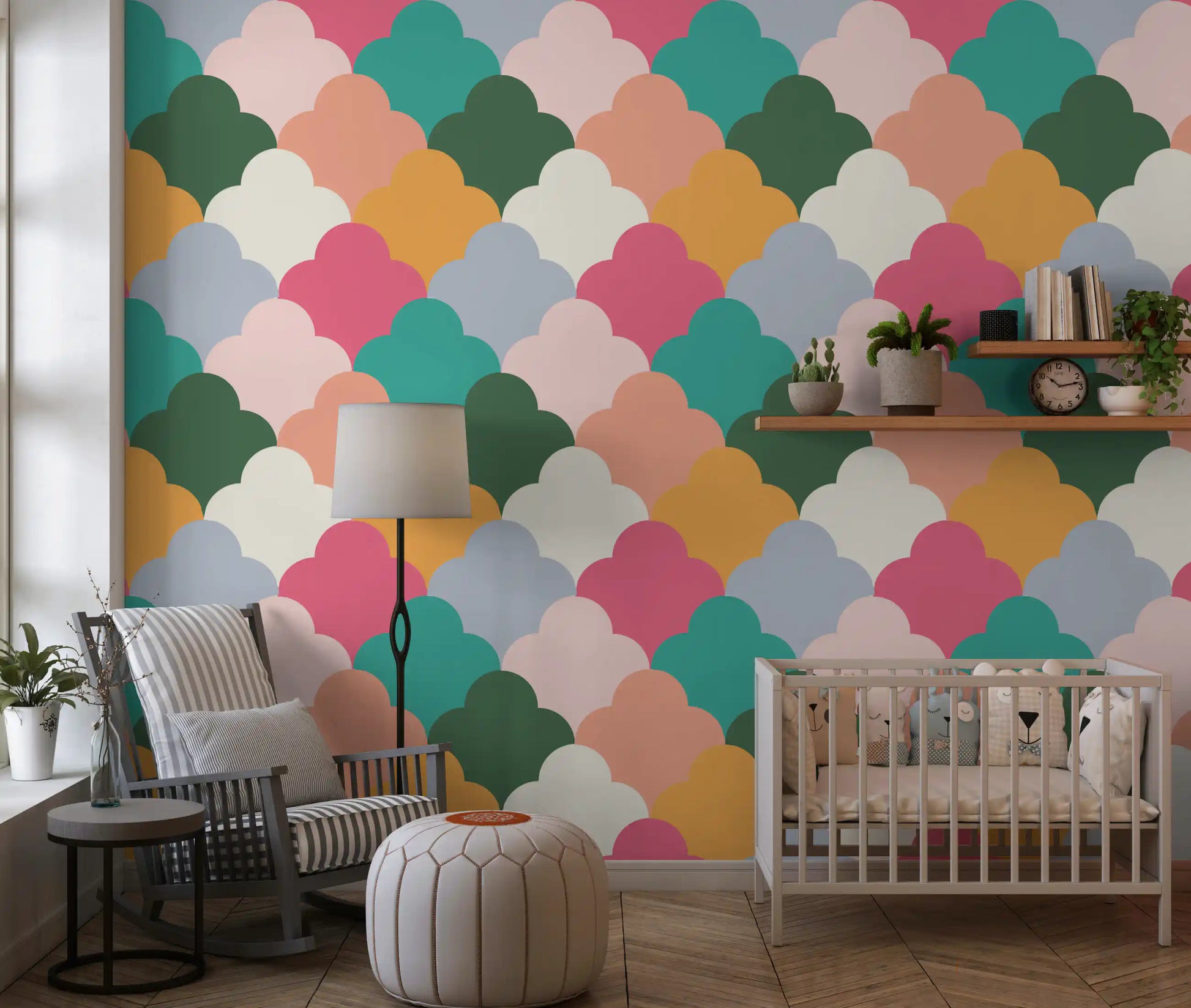 Rounded scallop repeats across Cloudscape Wallpaper in seven retro tones.