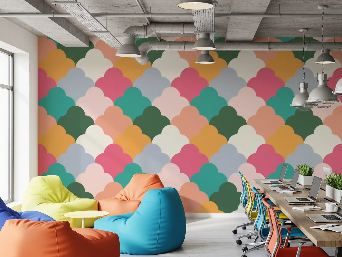 Cheerful scallop colour lifts a Office workplace to Retro Cloudscape Wallpaper.