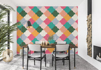 Coral, teal and mustard tiles through a Dining room as Retro Wallpaper.