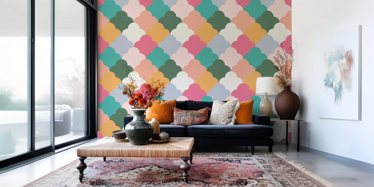 Wallpaper showing curved scallops in coral, teal, mustard and ivory.