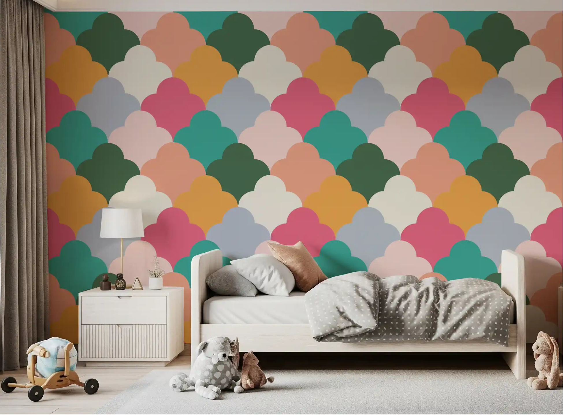 Retro Cloudscape Wallpaper fills a kids bedroom with playful scallop tiles.