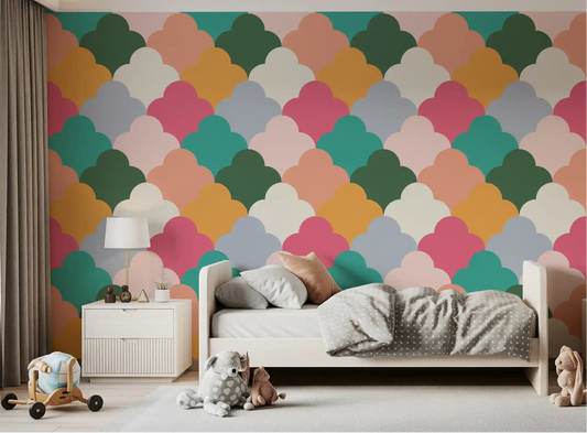 Retro Cloudscape Wallpaper fills a kids bedroom with playful scallop tiles.