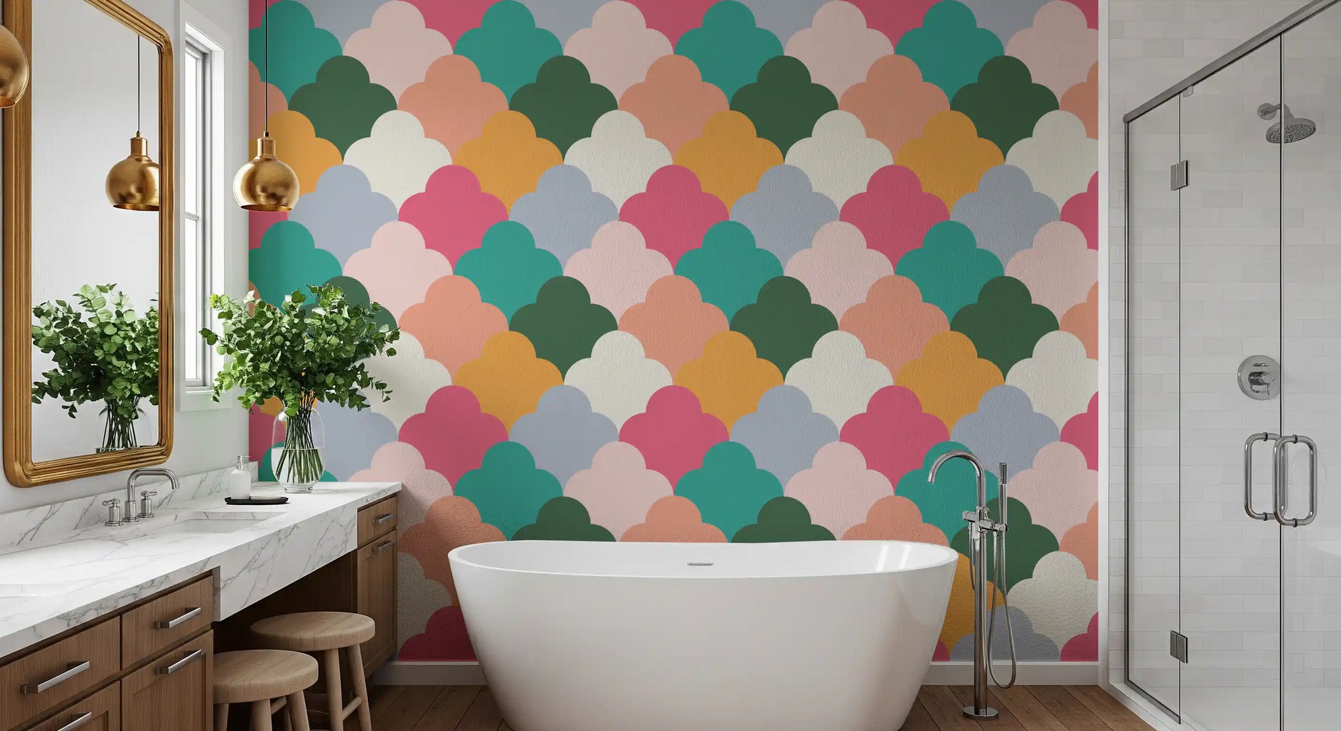 Bathroom Retro Cloudscape Wallpaper sets out scallops in coral, teal and mustard.