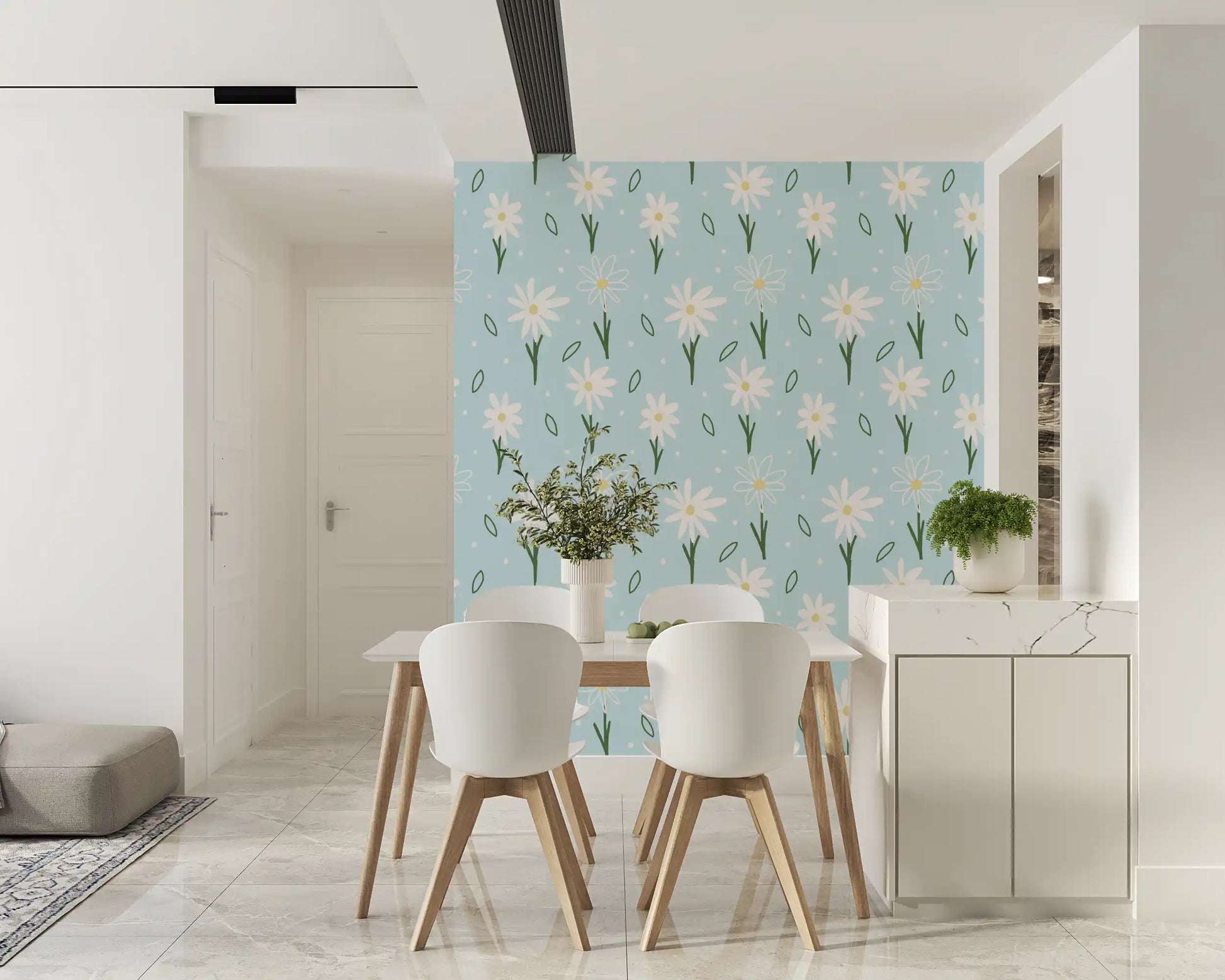 Floral daisies dance across the dining room feature on Daisy Delight Wallpaper.