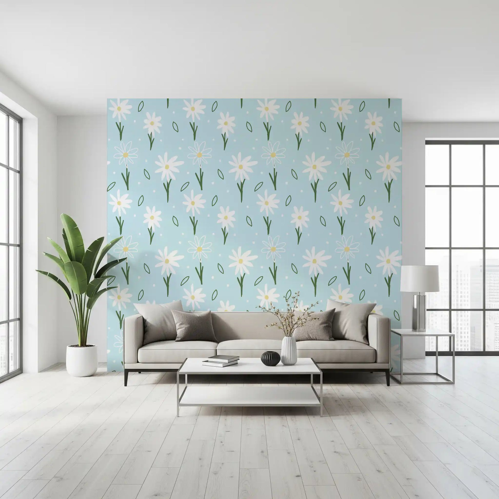 A breezy mood lifts the lounge area, kept light by Daisy Delight Wallpaper styling.