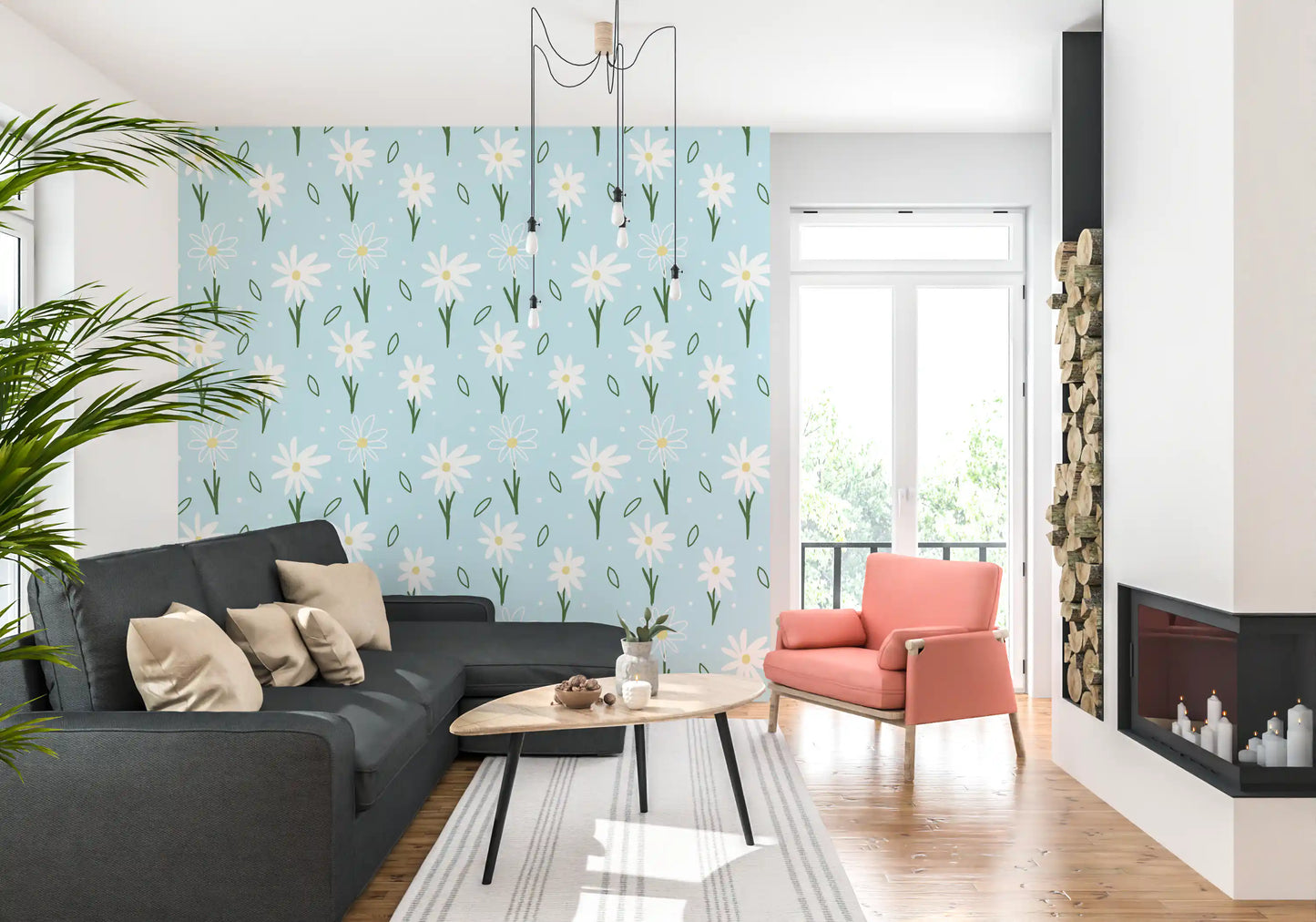 Loose floral spacing keeps Daisy Delight Wallpaper feeling airy and uncluttered.