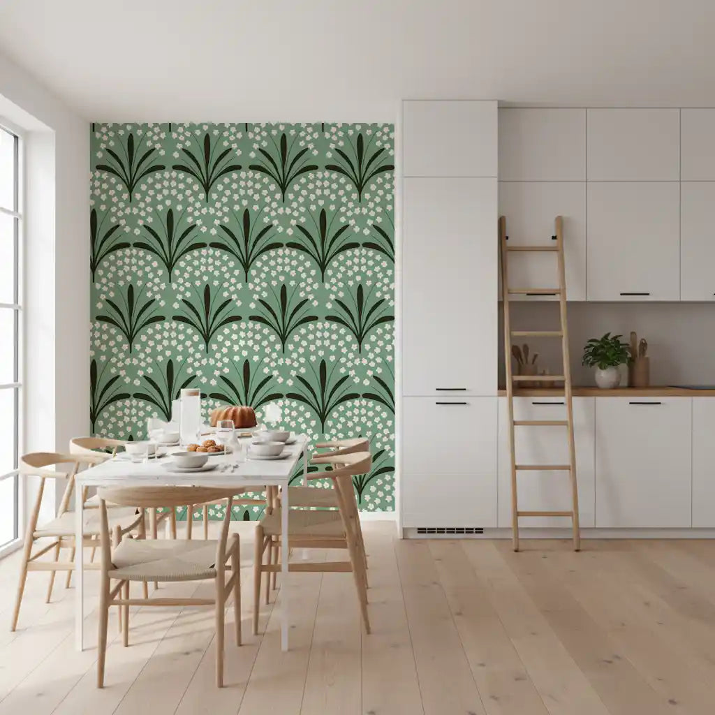 Floral arches march along a dining room in Petal Whispers Wallpaper repeats.