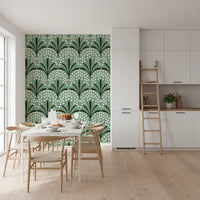 Floral arches march along a dining room in Petal Whispers Wallpaper repeats.