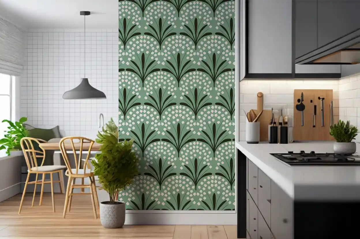 Sage panels stretch a Kitchen and dining room with Petal Whispers Wallpaper