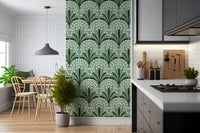 Sage panels stretch a Kitchen and dining room with Petal Whispers Wallpaper