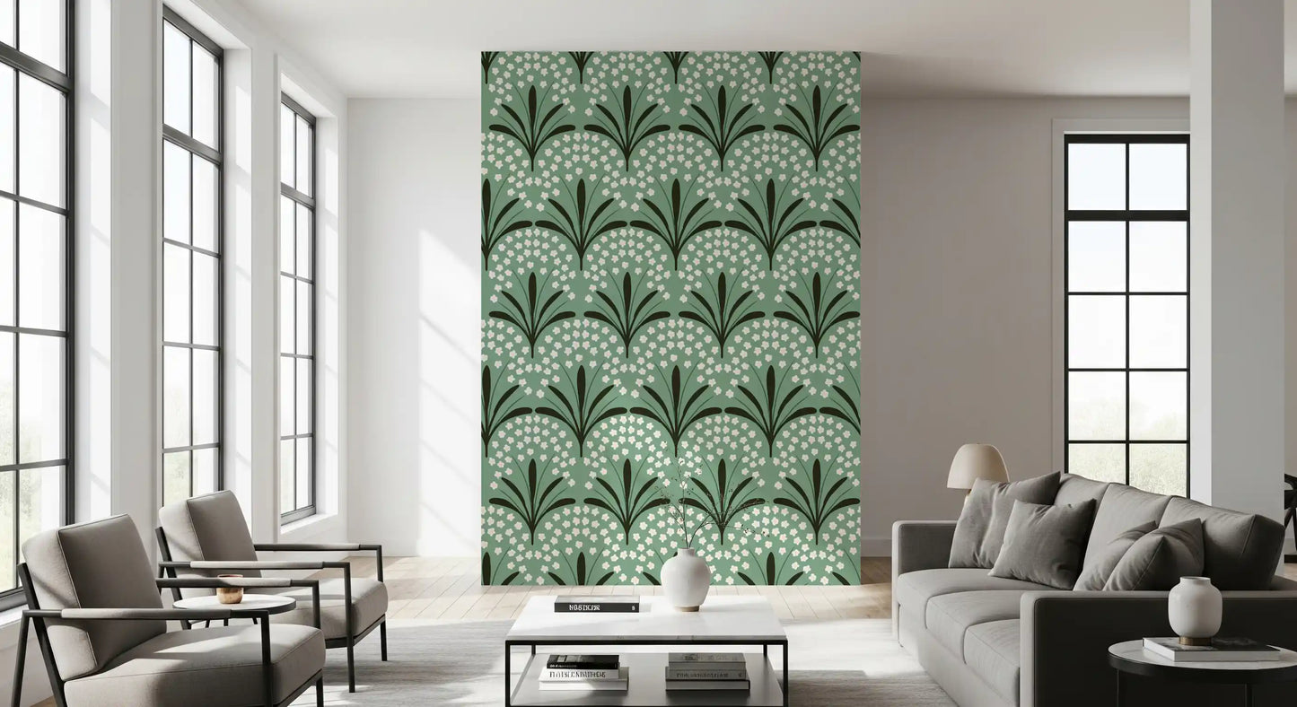 daisy bouquets stack between curving leaves in Petal Whispers Wallpaper .