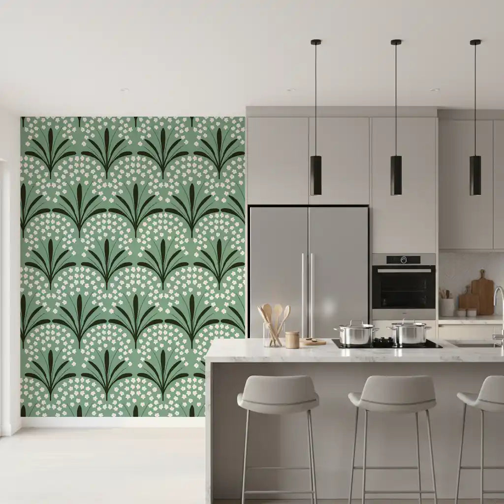 Sage pairs dark foliage with cream florals across Petal Whispers Wallpaper.