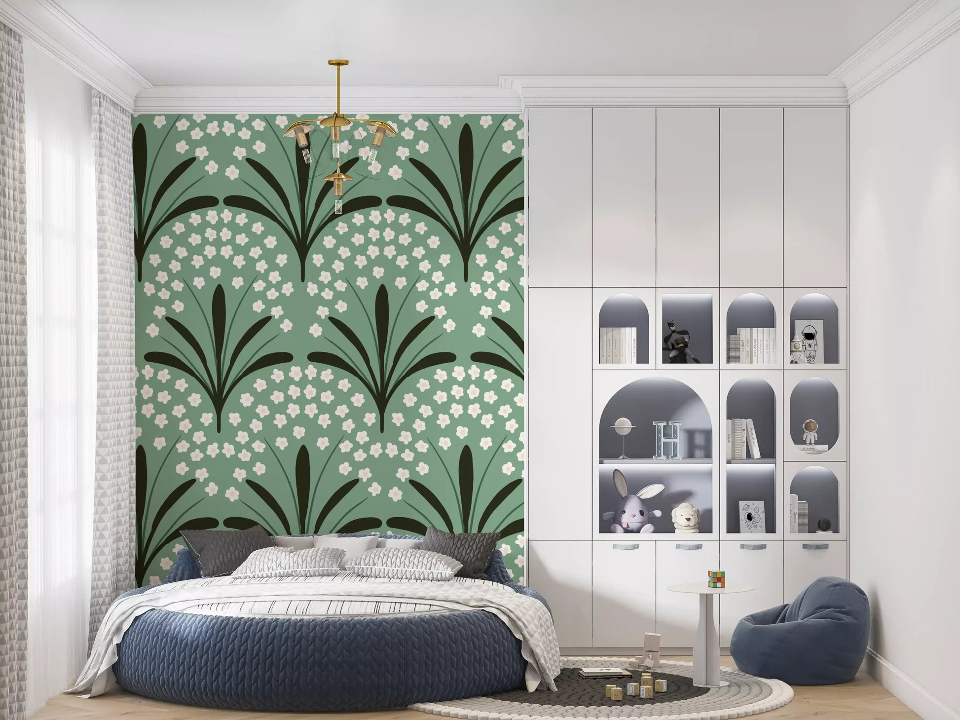 Tall floral arches lift a Bedroom scene where Petal Whispers Wallpaper keeps the rhythm.