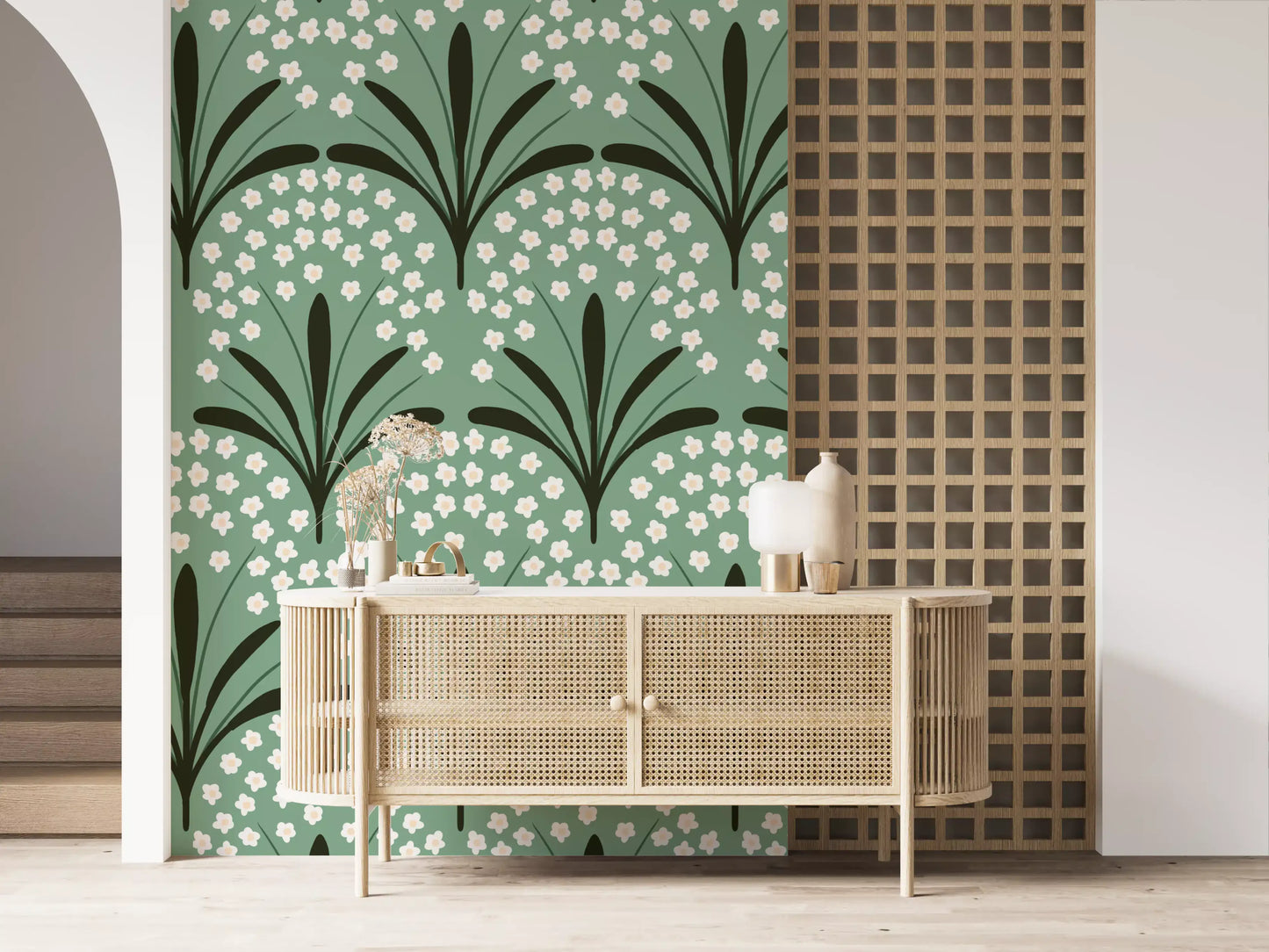 Dark fan leaves and pale blooms accent a Hallway in Petal Whispers Wallpaper rows.