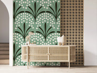 Dark fan leaves and pale blooms accent a Hallway in Petal Whispers Wallpaper rows.