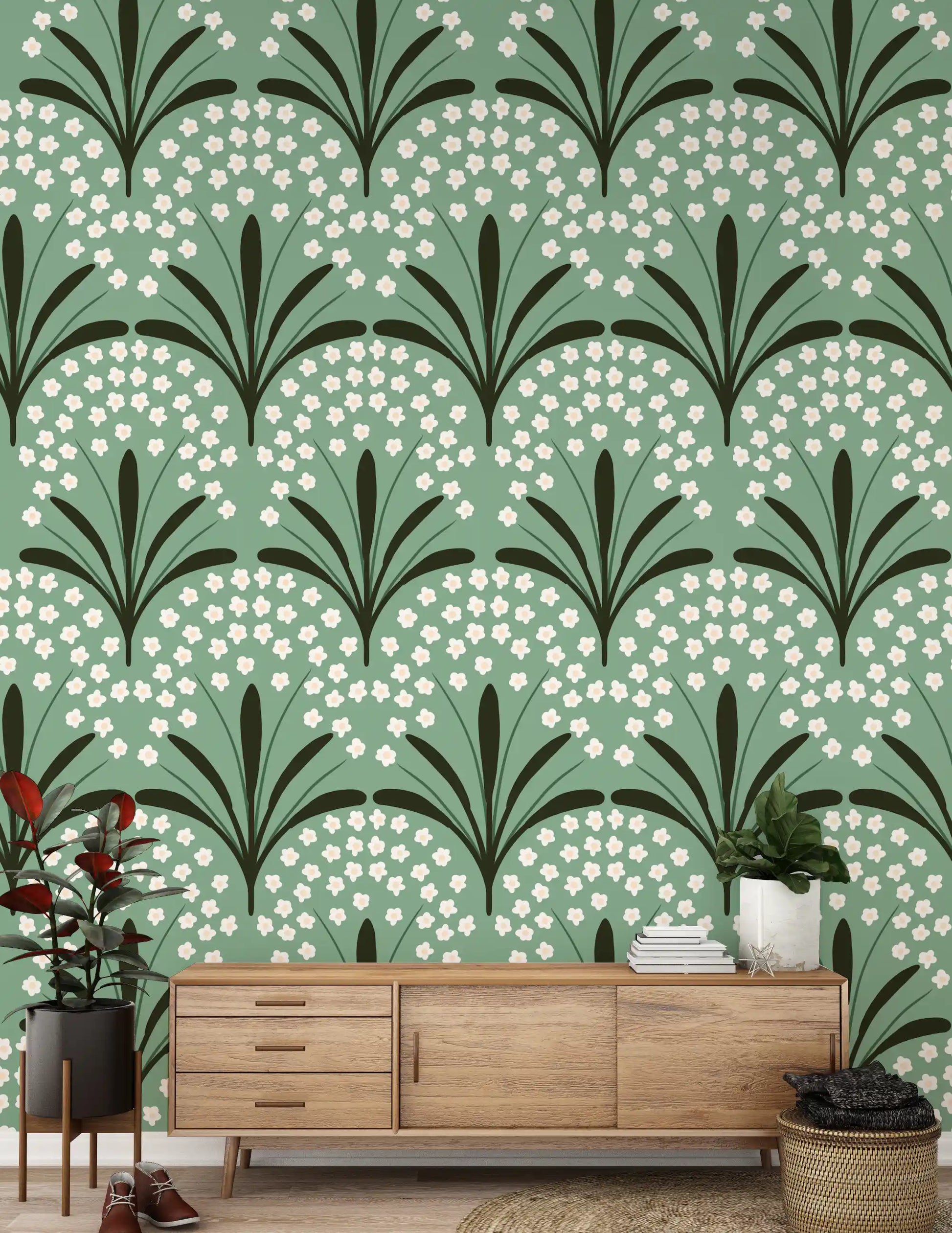 Arched florals build a steady in Petal Whispers Wallpaper repeats.