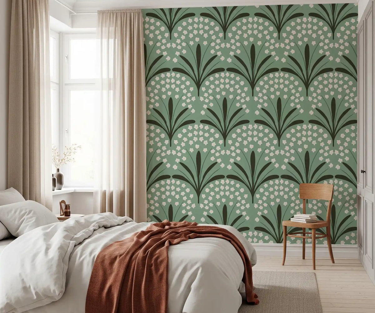 Ivory blossoms and shadowed foliage fill a bedroom corner via Petal Whispers Wallpaper.