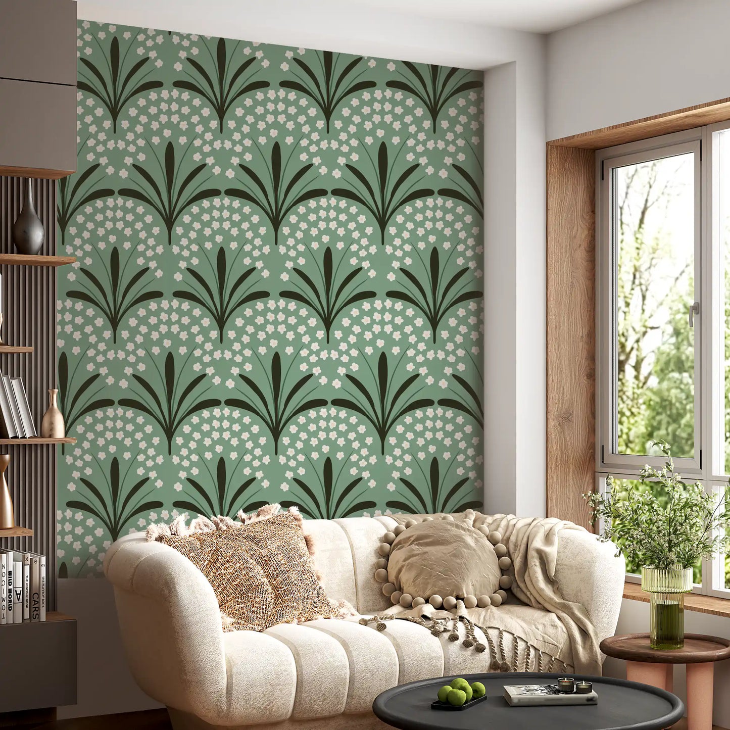 Petal Whispers Wallpaper spreads a sage and cream an Living room scene.