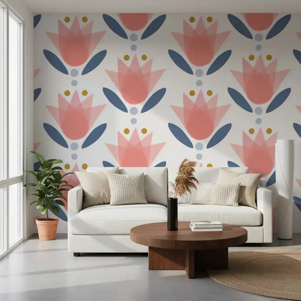 Tulip motif Floral Serenity Wallpaper styled in a modern living room 
