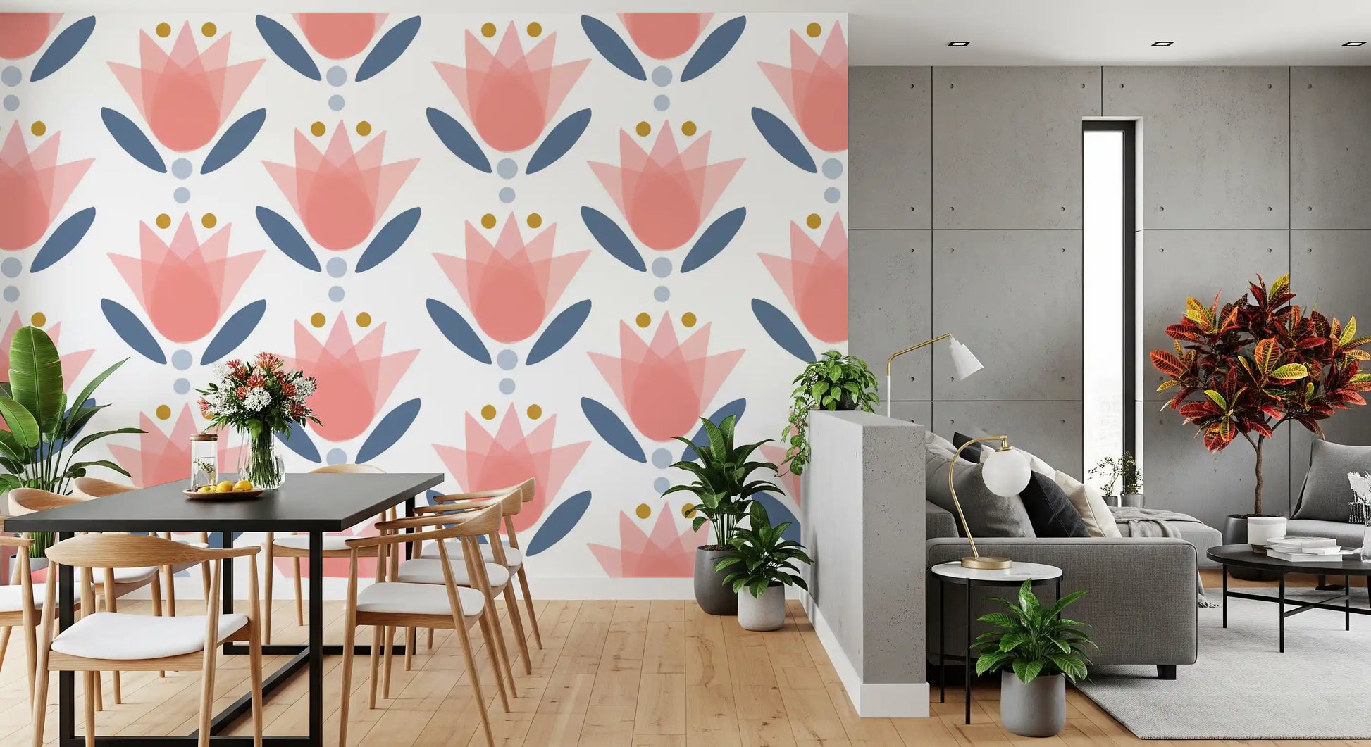 Pink bloom repeat of Soft Floral Wallpaper running Dining and living area  