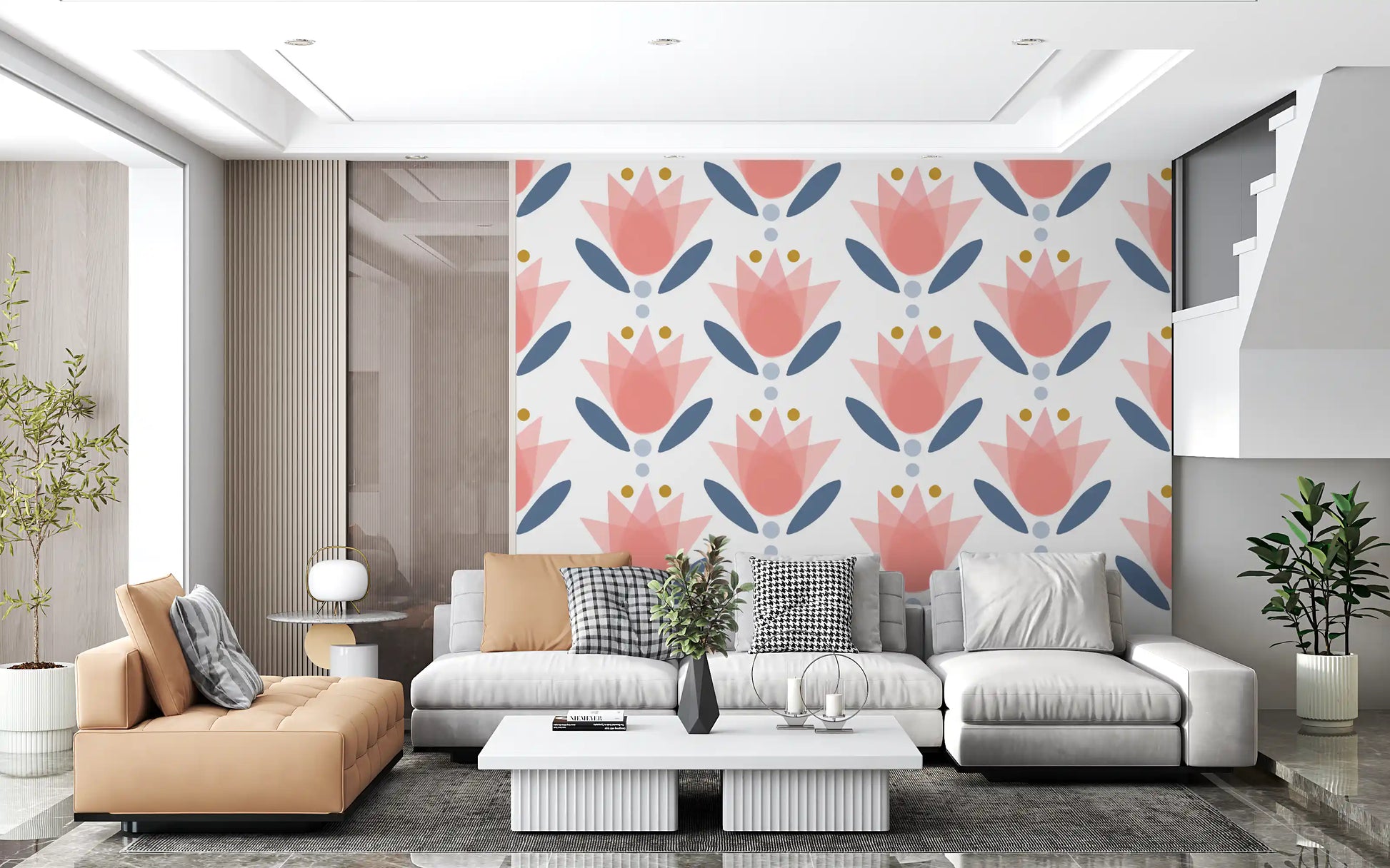 Coral and navy tulip Floral Serenity Wallpaper used in a cozy lounge corner