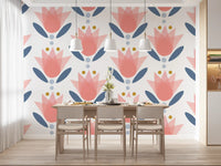 Dusty blue petals frame each bloom in the Soft Floral Wallpaper repeat