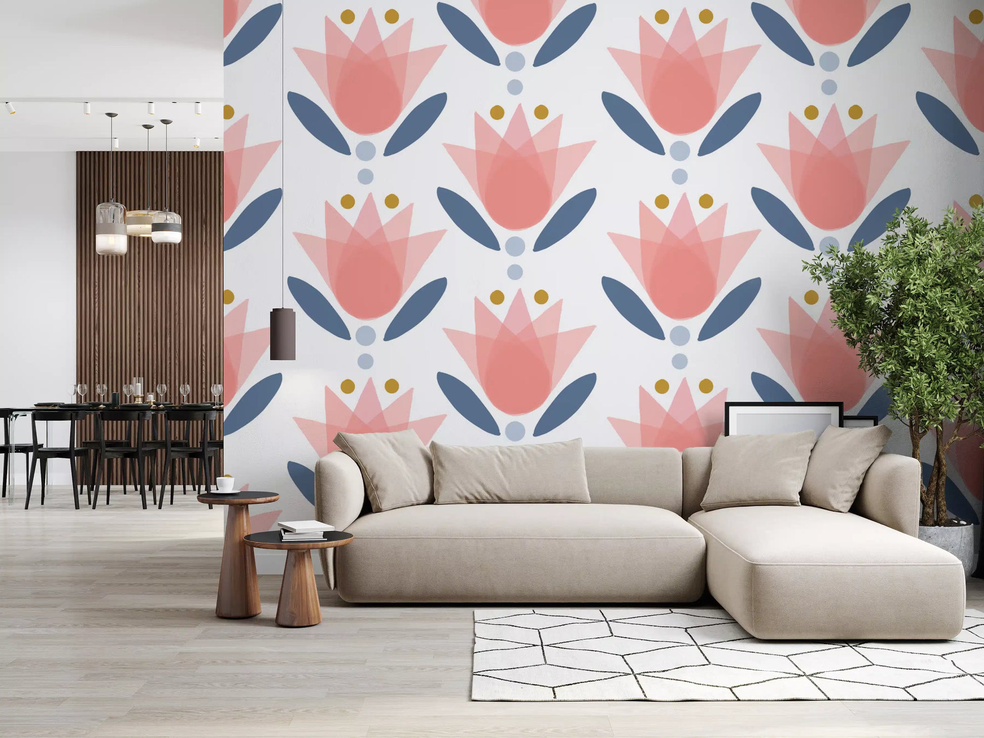 Living room paired with Soft Floral Wallpaper across the feature side