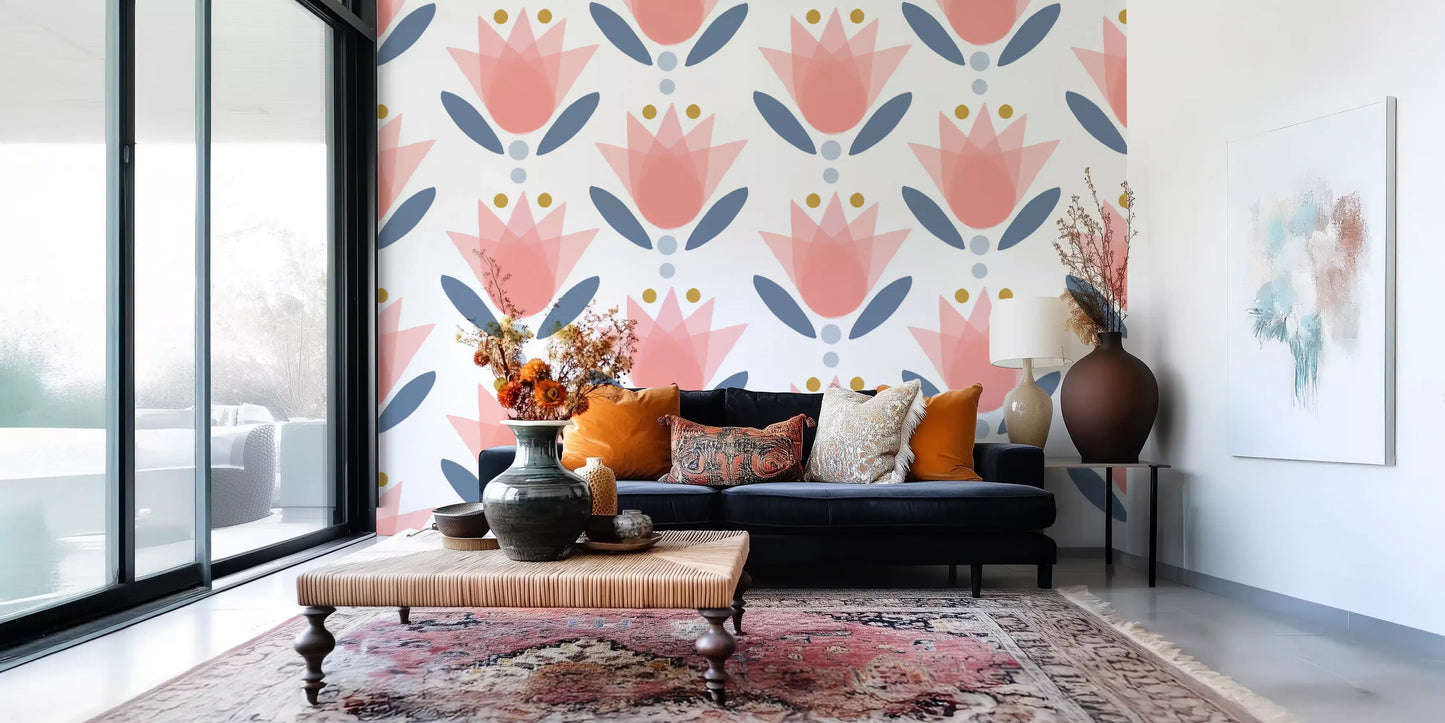 Mustard yellow dots crown the flowers of the Floral Serenity Wallpaper
